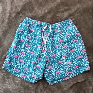 chubbies Turquoise Swim Trunks with Pink Flamingo Accent